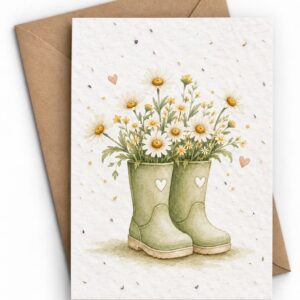 Bloeikaart met twee groene laarzen vol margrieten