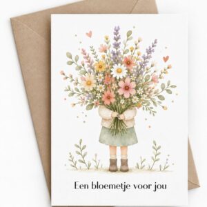 Bloeikaart met een meisje dat een bos veldbloemen vasthoudt