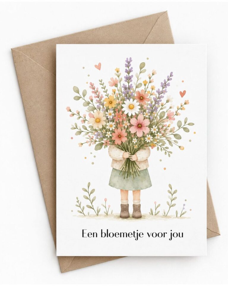 Bloeikaart met een meisje dat een bos veldbloemen vasthoudt