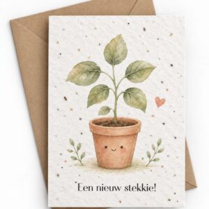 Bloeikaart met een plantje in een pot dat vrolijk kijkt