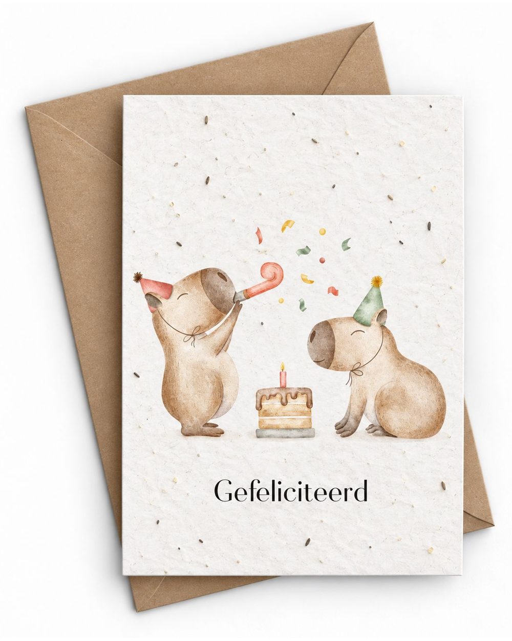 Bloeikaart met twee capibaras bij een verjaardagstaart