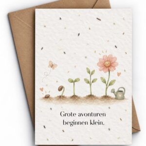 Bloeikaart met een rij kiemplantjes die uitgroeien tot een bloem