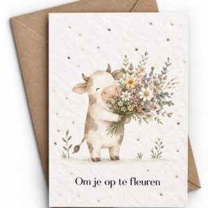 Bloeikaart met een koe die een boeket veldbloemen draagt