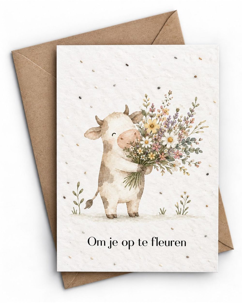 Bloeikaart met een koe die een boeket veldbloemen draagt